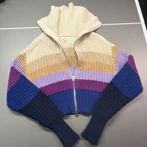Aerie Striped Chunky Knit Full Zip Cardigan Sweater Multi-Color Cotton Small